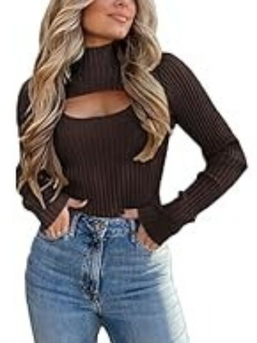 Brown (Coffee) 2 Piece Cutout Tops Long Sleeve Turtleneck Sweater